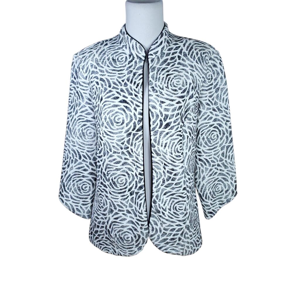 Joseph Ribkoff Jacket Blazer Open Front Ivory Silver Black Shoulder Pads Sz 10